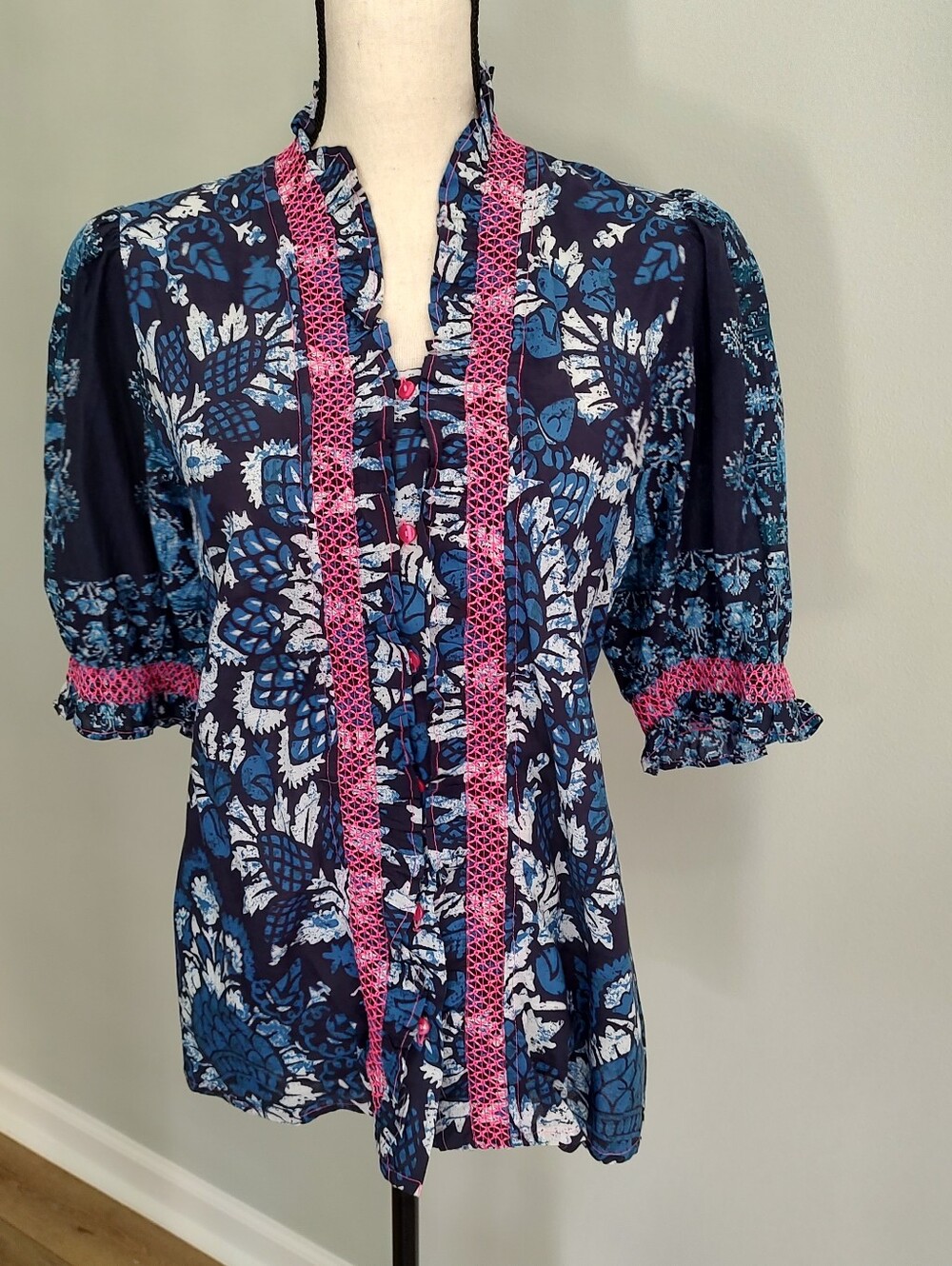 Lola Australia Floral Tropical Blue Pink Boho Blouse Top XS